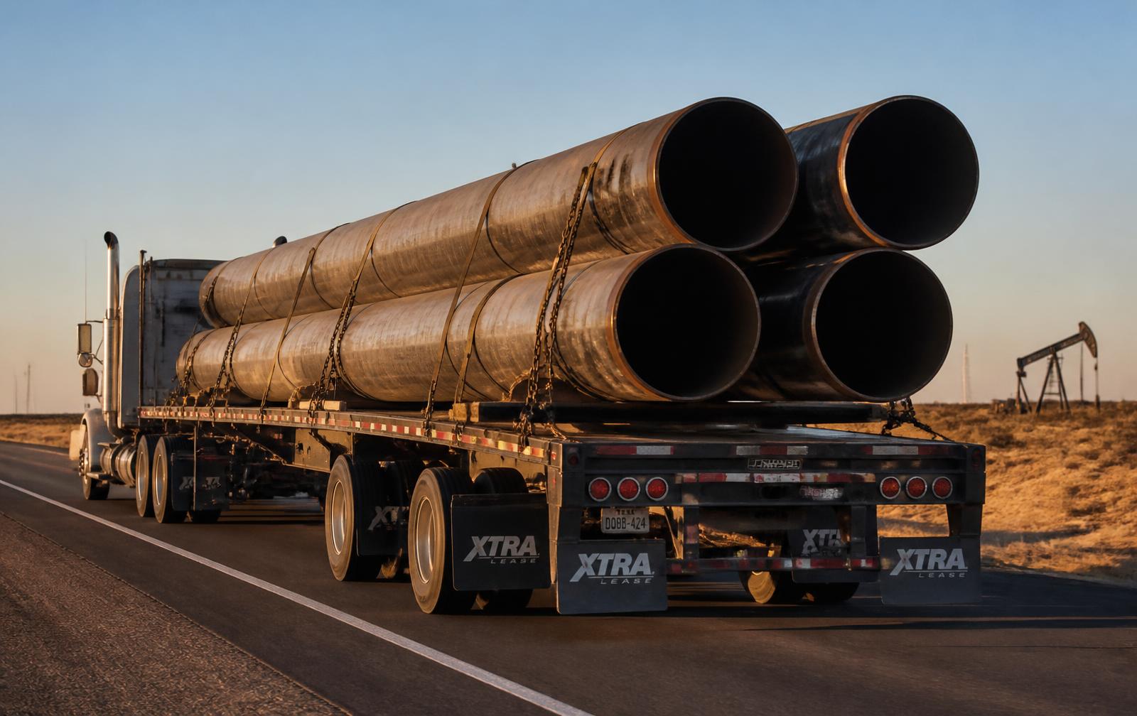 Flatbed tractor trailer transporting 36-inch diameter oil and gas line pipe