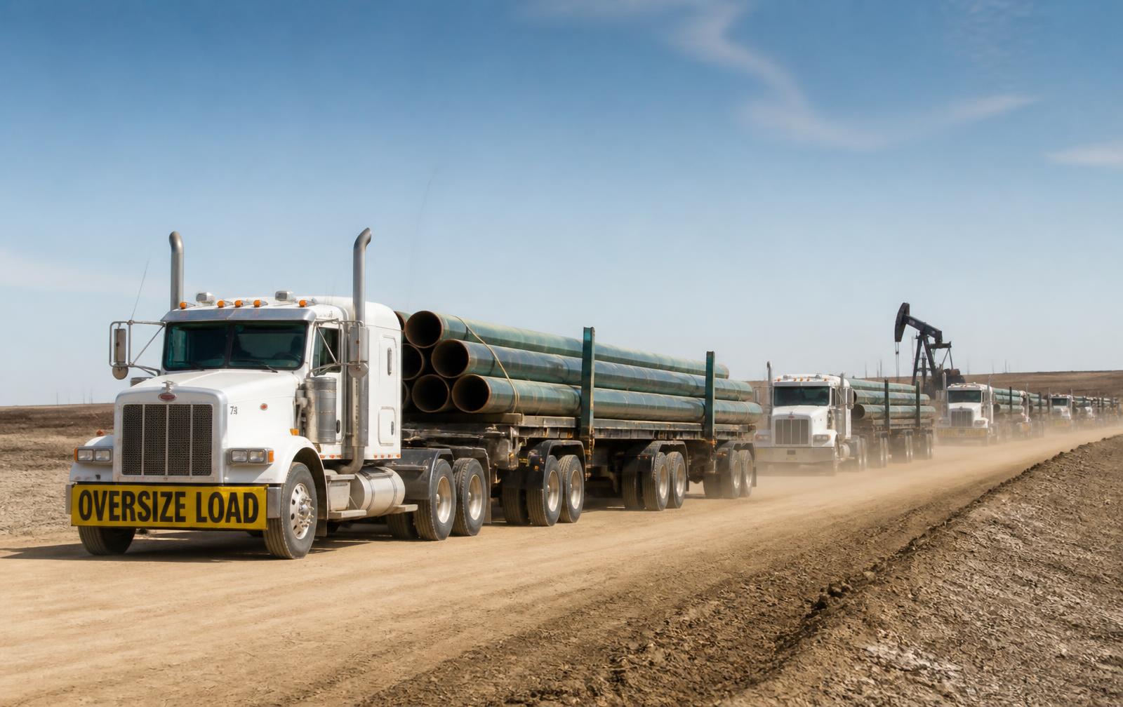 Heavy haul trucks transporting large-diameter pipeline to an oilfield location